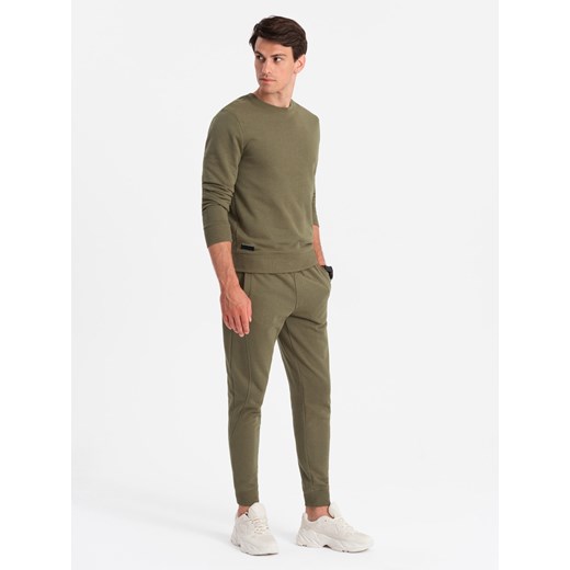 Bawełniany męski komplet dresowy BASIC bluza nierozpinana + joggery – oliwkowy V2 Z84 ze sklepu ombre w kategorii Spodnie męskie - zdjęcie 176308583
