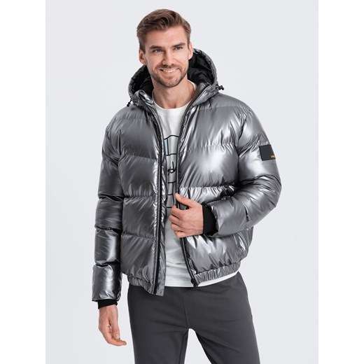 Kurtka męska puffer błyszcząca z kapturem - grafitowa V2 OM-JAHP-0129 XXL ombre wyprzedaż
