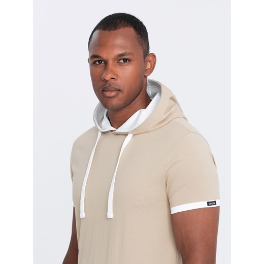 Męski casualowy t-shirt bawełniany z kapturem – beżowy V5 OM-TSCT-22SS-001 ze sklepu ombre w kategorii Bluzy męskie - zdjęcie 176312043