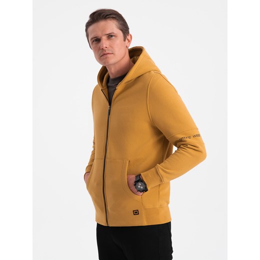 Bluza męska rozpinana hoodie z nadrukami - musztardowa V2 B1423 M wyprzedaż ombre
