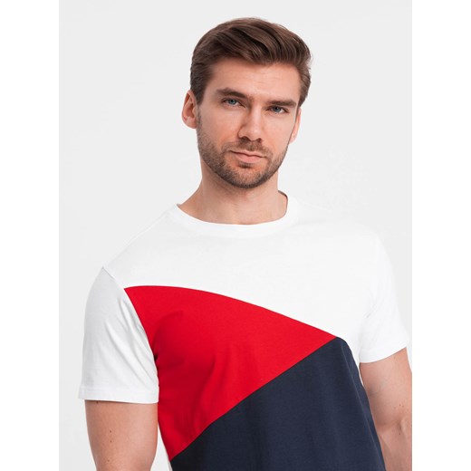 Trójkolorowy t-shirt męski bawełniany - biało-granatowy V3 OM-TSCT-0174 ze sklepu ombre w kategorii T-shirty męskie - zdjęcie 176312222