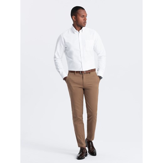 Spodnie męskie chino SLIM FIT z delikatną teksturą - brązowe V2 OM-PACP-0190 S okazyjna cena ombre