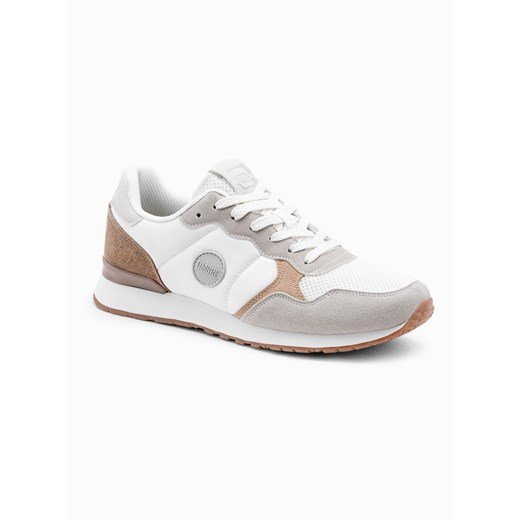 Buty męskie sneakersy z łączonych materiałów i siateczką - biało-brązowe V1 OM-FOSL-0155 ze sklepu ombre w kategorii Buty sportowe męskie - zdjęcie 176316084