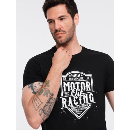 T-shirt męski z nadrukiem w stylu motocyklowym – czarny V1 OM-TSPT-0125 ze sklepu ombre w kategorii T-shirty męskie - zdjęcie 176316274