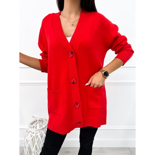 Czerwony Rozpinany Sweter z Kieszonkami Modnakiecka.pl L/XL ModnaKiecka.pl