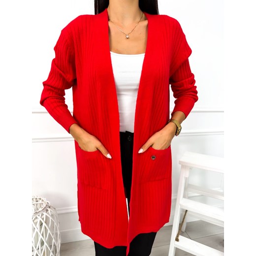 Czerwony Prążkowany Kardigan z Kieszeniami Modnakiecka.pl Uniwersalny okazja ModnaKiecka.pl
