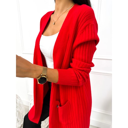 Czerwony Prążkowany Kardigan z Kieszeniami Modnakiecka.pl Uniwersalny wyprzedaż ModnaKiecka.pl