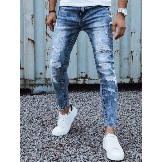 Spodnie męskie jeansowe z dziurami slim fit niebieskie Dstreet UX4451 ze sklepu DSTREET.PL w kategorii Jeansy męskie - zdjęcie 176328211