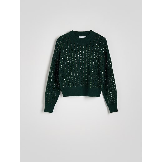 Reserved - Sweter z ozdobną aplikacją - ciemnozielony Reserved L Reserved