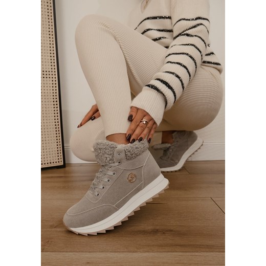 Szare Sneakersy na Grubej Platformie z Metaliczną Aplikacją i Barankiem Irinala ze sklepu born2be.pl w kategorii Buty sportowe damskie - zdjęcie 176387344