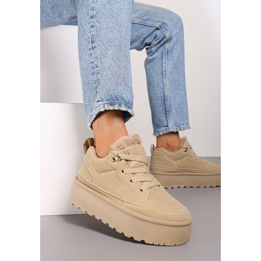 Beżowe Sneakersy Vices  w Stylu Śniegowców na Platformie z Ozdobnym Futerkiem Nalirea ze sklepu born2be.pl w kategorii Buty sportowe damskie - zdjęcie 176387360