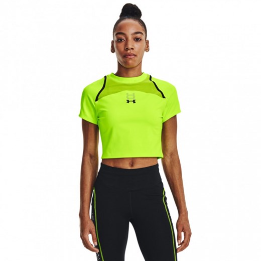 Damska koszulka do biegania UA Run Anywhere Crop SS - limonka ze sklepu Sportstylestory.com w kategorii Bluzki damskie - zdjęcie 176417463
