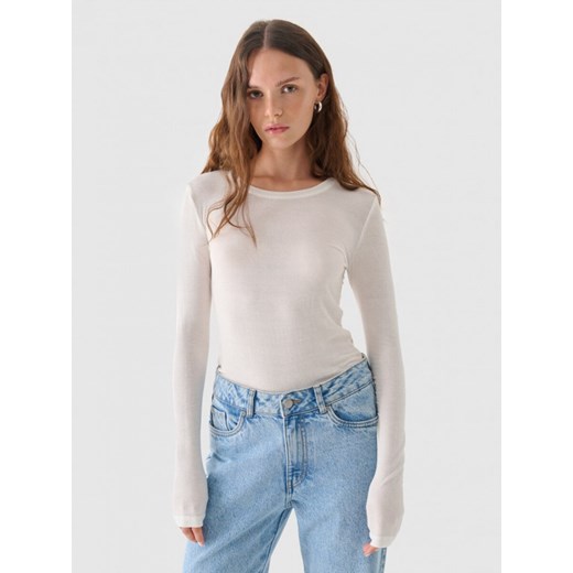 Damski longsleeve z modalu i kaszmiru Outhorn OTHWAW24TLONF466 - biały ze sklepu Sportstylestory.com w kategorii Bluzki damskie - zdjęcie 176421750
