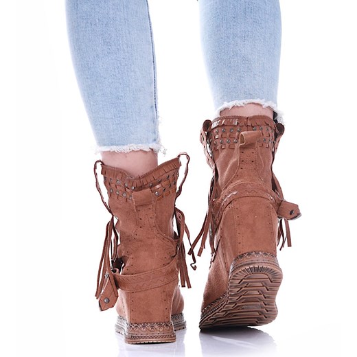 Brązowe botki boho na koturnie /C3-3 17079 G122/ Pantofelek24 40 Pantofelek24.pl