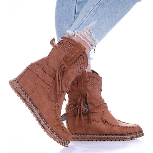 Brązowe botki boho na koturnie /C3-3 17079 G122/ Pantofelek24 38 Pantofelek24.pl