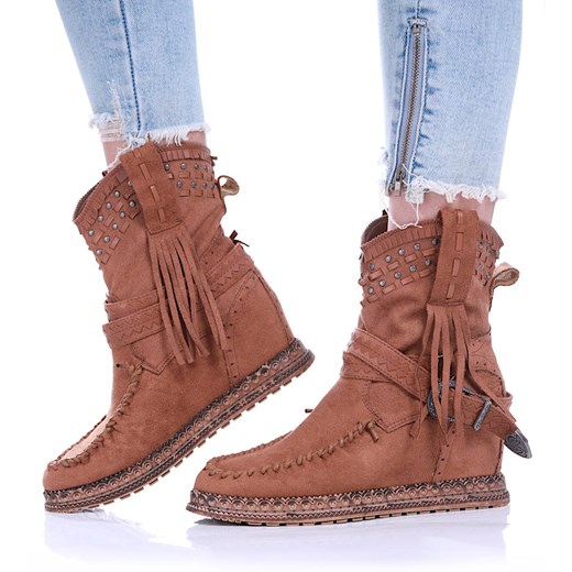 Brązowe botki boho na koturnie /C3-3 17079 G122/ Pantofelek24 38 Pantofelek24.pl