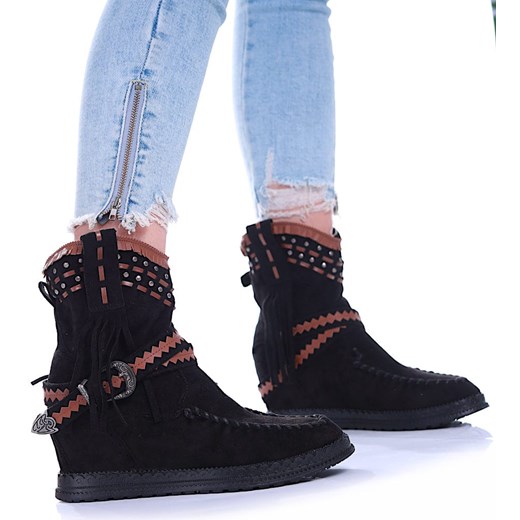 Czarne botki boho na koturnie /C5-2 17077 G122/ Pantofelek24 38 Pantofelek24.pl