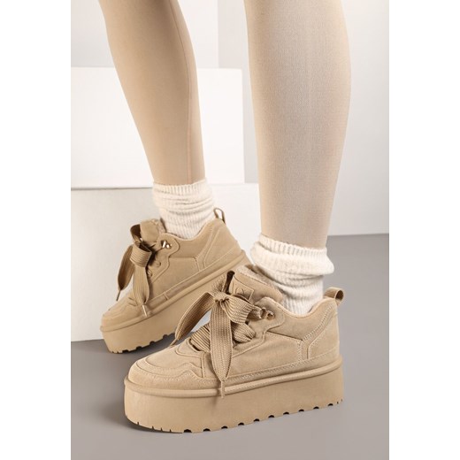 Ciemnobeżowe Sneakersy Vices na Platformie Obszyte Futerkiem Naleris ze sklepu renee.pl w kategorii Buty sportowe damskie - zdjęcie 176428964