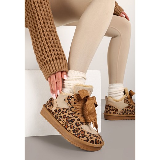 Brązowe Zimowe Sneakersy Vices Stylizowane na Śniegowce z Futerkiem i Wzorem w Panterkę Tennira ze sklepu renee.pl w kategorii Buty sportowe damskie - zdjęcie 176428994