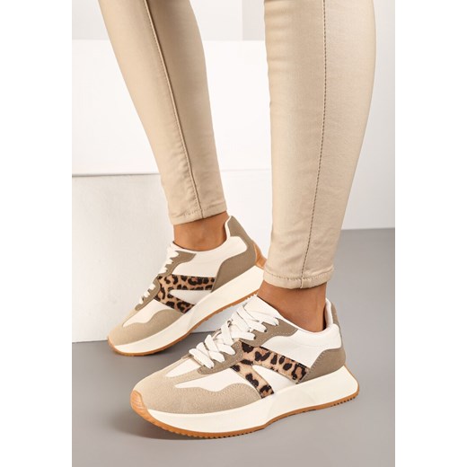 Beżowo-Białe Płaskie Sneakersy z Geometrycznym Wzorem w Panterkę Nawla ze sklepu born2be.pl w kategorii Buty sportowe damskie - zdjęcie 176430994