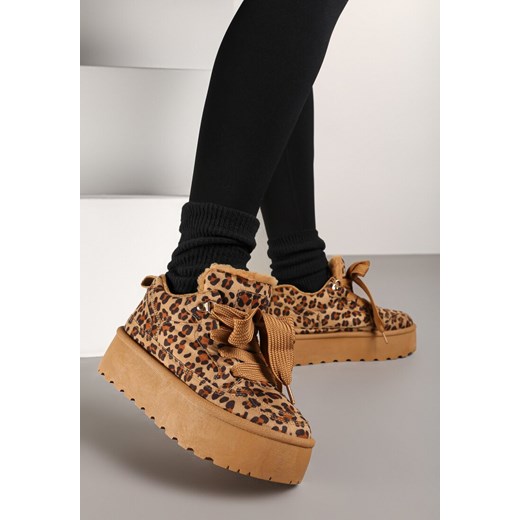 Brązowe Sneakersy Vices w Stylu Śniegowców w Panterkę na Platformie z Ozdobnym Futerkiem Nalirea ze sklepu born2be.pl w kategorii Buty sportowe damskie - zdjęcie 176431710