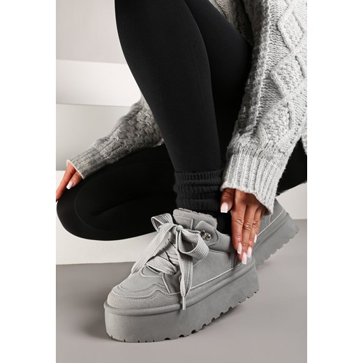 Szare Sneakersy Vices w Stylu Śniegowców na Platformie z Ozdobnym Futerkiem Nalirea ze sklepu born2be.pl w kategorii Buty sportowe damskie - zdjęcie 176431722