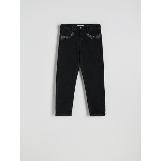 Reserved - Jeansy boyfriend slim z cekinami - czarny Reserved 44 Reserved