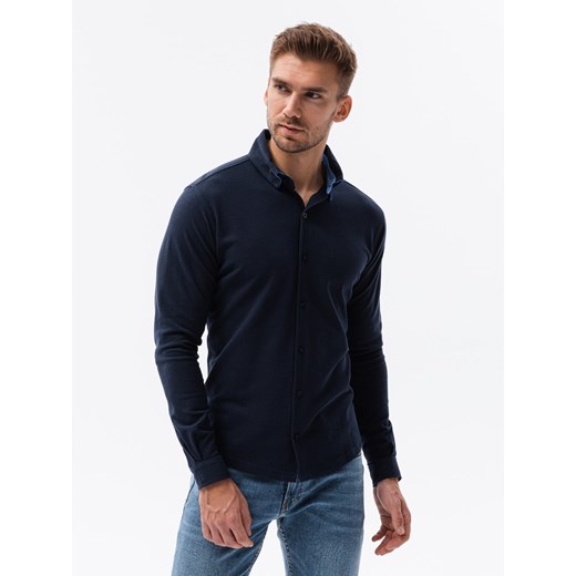 Dzianinowa męska koszula SLIM FIT z długim rękawem – granatowa V2 OM-SHCS-0177 ze sklepu ombre w kategorii Koszule męskie - zdjęcie 176443810