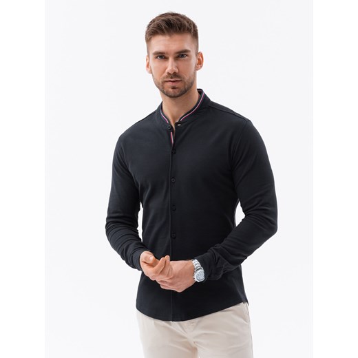 Bawełniana koszula męska SLIM FIT ze stójką w kolorowe paski – czarna V4 M wyprzedaż ombre