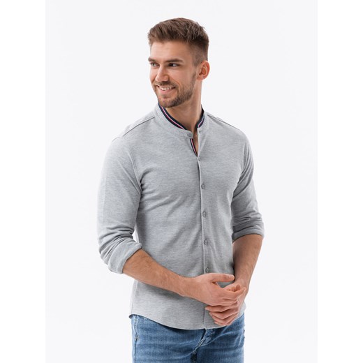 Bawełniana męska koszula SLIM FIT ze stójką w kolorowe paski – szara V5 OM-SHCS-0178 ze sklepu ombre w kategorii Koszule męskie - zdjęcie 176444034
