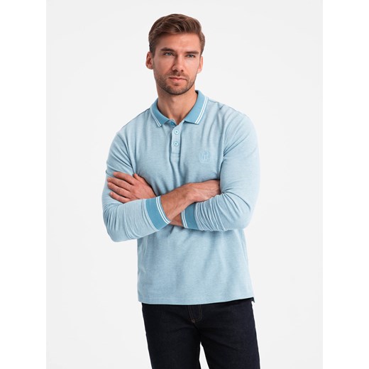 Melanżowy longsleeve męski polo z haftem – niebieski melanż V3 OM-POLS-0129 ze sklepu ombre w kategorii T-shirty męskie - zdjęcie 176444624