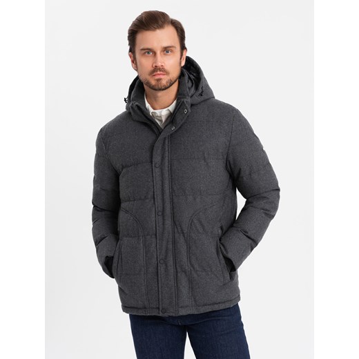 Casualowa męska kurtka puffer z wełną – czarny melanż V2 OM-JAHP-0203 ze sklepu ombre w kategorii Kurtki męskie - zdjęcie 176444634