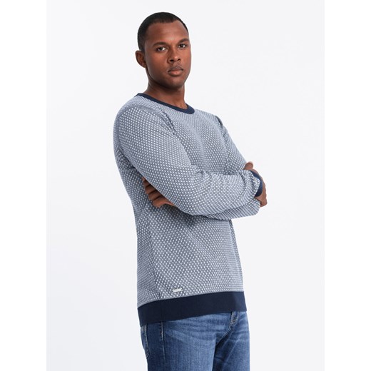 Dzianinowy sweter męski RELAXED FIT we wzory – granatowy V1 OM-SWSW-0111 ze sklepu ombre w kategorii Swetry męskie - zdjęcie 176444771