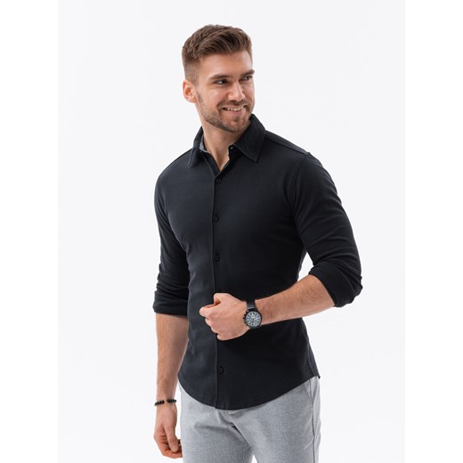 Koszula dzianinowa męska SLIM FIT z długim rękawem – czarna V4 OM-SHCS-0177 S promocja ombre