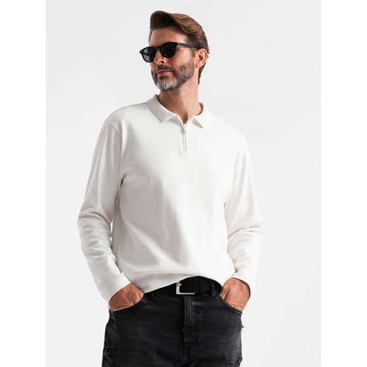 Męski longsleeve polo z zapinanym na zamek kołnierzykiem – biały V1 OM-POLS-0130 ze sklepu ombre w kategorii T-shirty męskie - zdjęcie 176444862