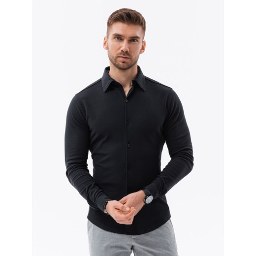 Koszula dzianinowa męska SLIM FIT z długim rękawem – czarna V4 OM-SHCS-0177 ze sklepu ombre w kategorii Koszule męskie - zdjęcie 176444973