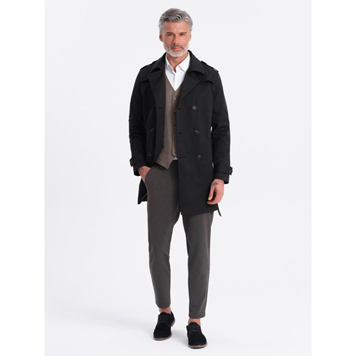 Elegancki płaszcz męski trencz SLIM FIT z paskiem - czarny V2 OM-COSC-0111 M ombre