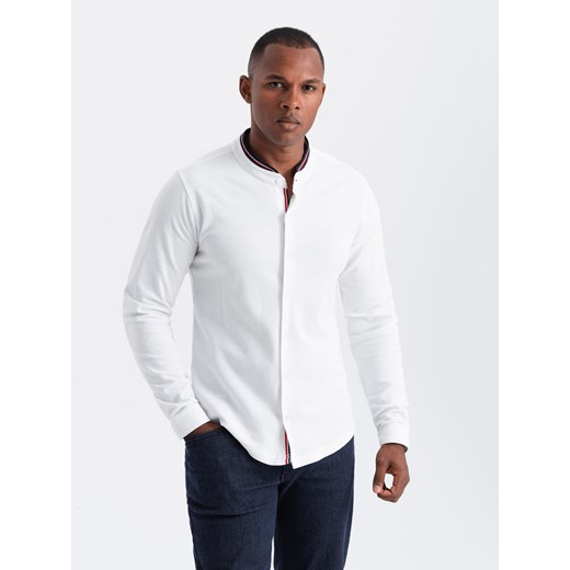 Męska koszula bawełniana SLIM FIT ze stójką w kolorowe paski – biała V1 OM-SHCS-0178 ze sklepu ombre w kategorii Koszule męskie - zdjęcie 176445190
