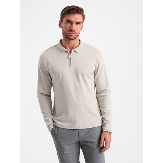 Longsleeve męski z zapinanym na zamek kołnierzykiem polo – popielaty V2 OM-POLS-0130 ze sklepu ombre w kategorii T-shirty męskie - zdjęcie 176445253