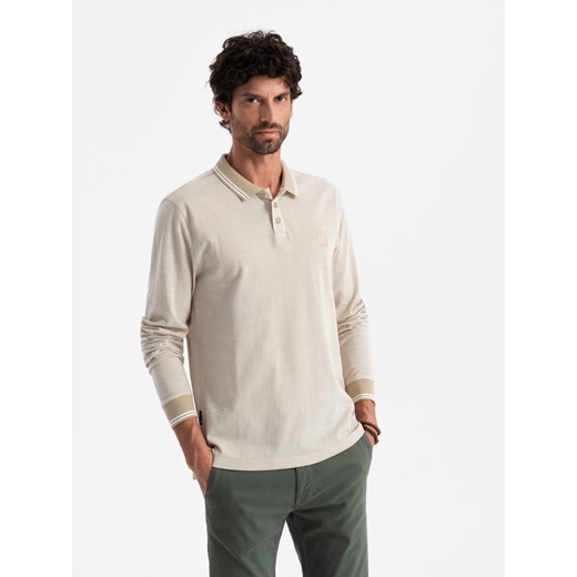 Melanżowy męski polo longsleeve z haftem – piaskowy melanż V4 OM-POLS-0129 ze sklepu ombre w kategorii T-shirty męskie - zdjęcie 176445283