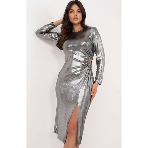Srebrna sukienka midi z wycięciem DHJ-SK-18169.76, Kolor srebrny, Rozmiar uniwersalny, ITALY MODA ze sklepu Intymna w kategorii Sukienki - zdjęcie 176470650