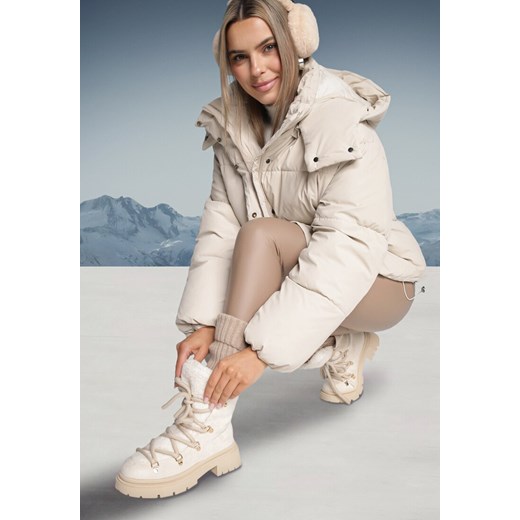 Beżowe Botki Traperki z Ozdobnym Sznurowaniem i Kożuszkiem Godhilde ze sklepu born2be.pl w kategorii Workery damskie - zdjęcie 176471571