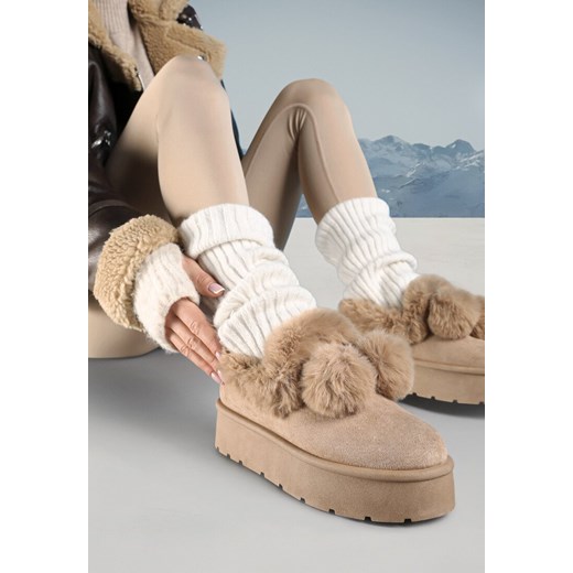 Ciemnobeżowe Śniegowce na Grubej podeszwie ze Sztucznym Futrem i Pomponami 39 born2be.pl