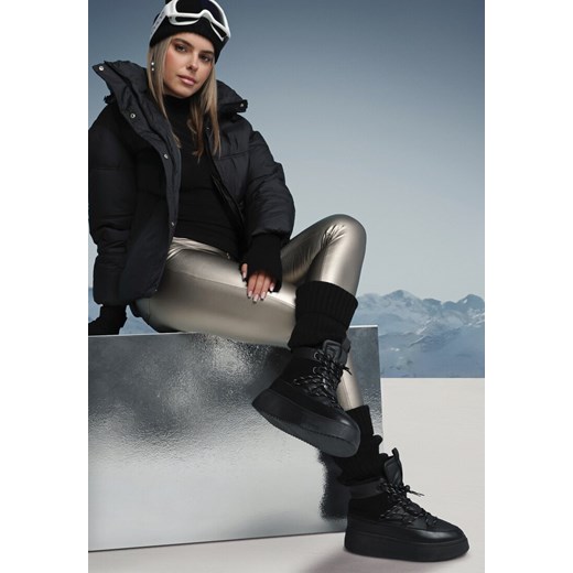 Czarne Śniegowce na Grubej Podeszwie ze Sznurowaną Cholewką i Futrzanym 40 born2be.pl