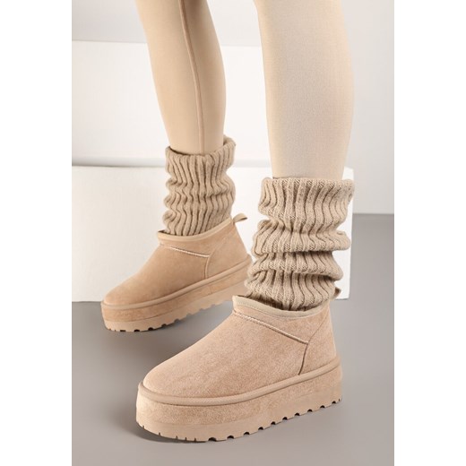 Beżowe Śniegowce Vices z Krótką Cholewką Ocieplone Futerkiem Grelfedi ze sklepu born2be.pl w kategorii Śniegowce damskie - zdjęcie 176471651