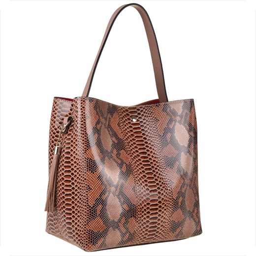 Vezze-torebka róż pudrowy z brązem skórzana l wzór wężowej ze sklepu melon.pl w kategorii Torby Shopper bag - zdjęcie 176541262