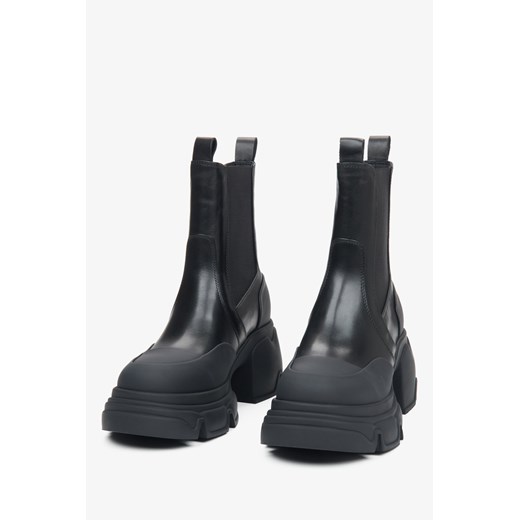 Estro: Czarne sztyblety damskie ze skóry naturalnej na sprężystej platformie Estro 37 okazja Estro