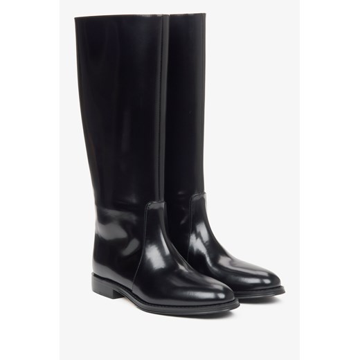 Estro: Czarne skórzane kozaki damskie z szeroką cholewą wykończone na wysoki Estro 40 wyprzedaż Estro