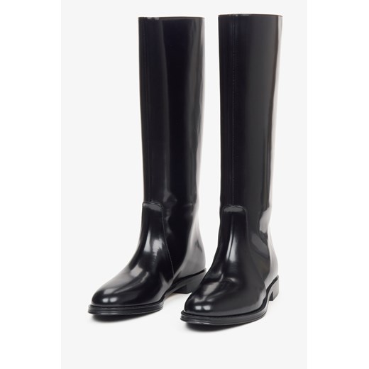 Estro: Czarne skórzane kozaki damskie z szeroką cholewą wykończone na wysoki Estro 37 Estro okazyjna cena