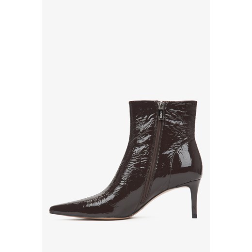 Estro: Ciemnobrązowe botki damskie z lakierowanej skóry naturalnej na szpilce Estro 36 okazyjna cena Estro